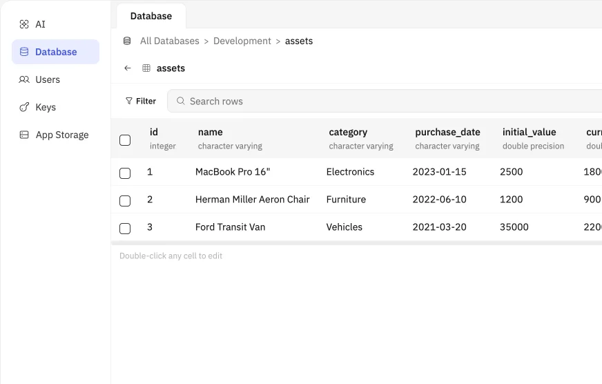 The Atoms data workspace: an app's assets table with typed columns, a filter, row search, and double-click to edit any cell