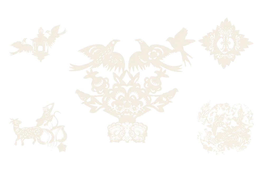 Five paper-cuttings designed in HarmonyCut, shown as cut paper on red: magpies over a potted flower from the paper's walkthrough, and four designs made by study participants, of birds with a lantern, a deer with a monkey and peaches, a diamond medallion, and a floral roundel