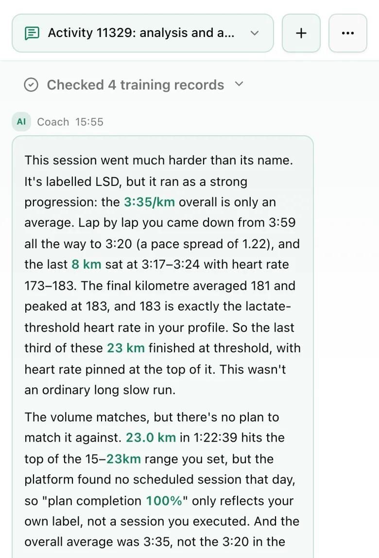 The ParroTao coach after checking four training records: a run labelled as an easy long run actually finished at threshold heart rate