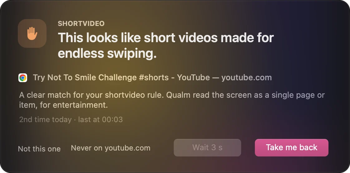Qualm's pop-up over YouTube Shorts: This looks like short videos made for endless swiping, with a Take me back button